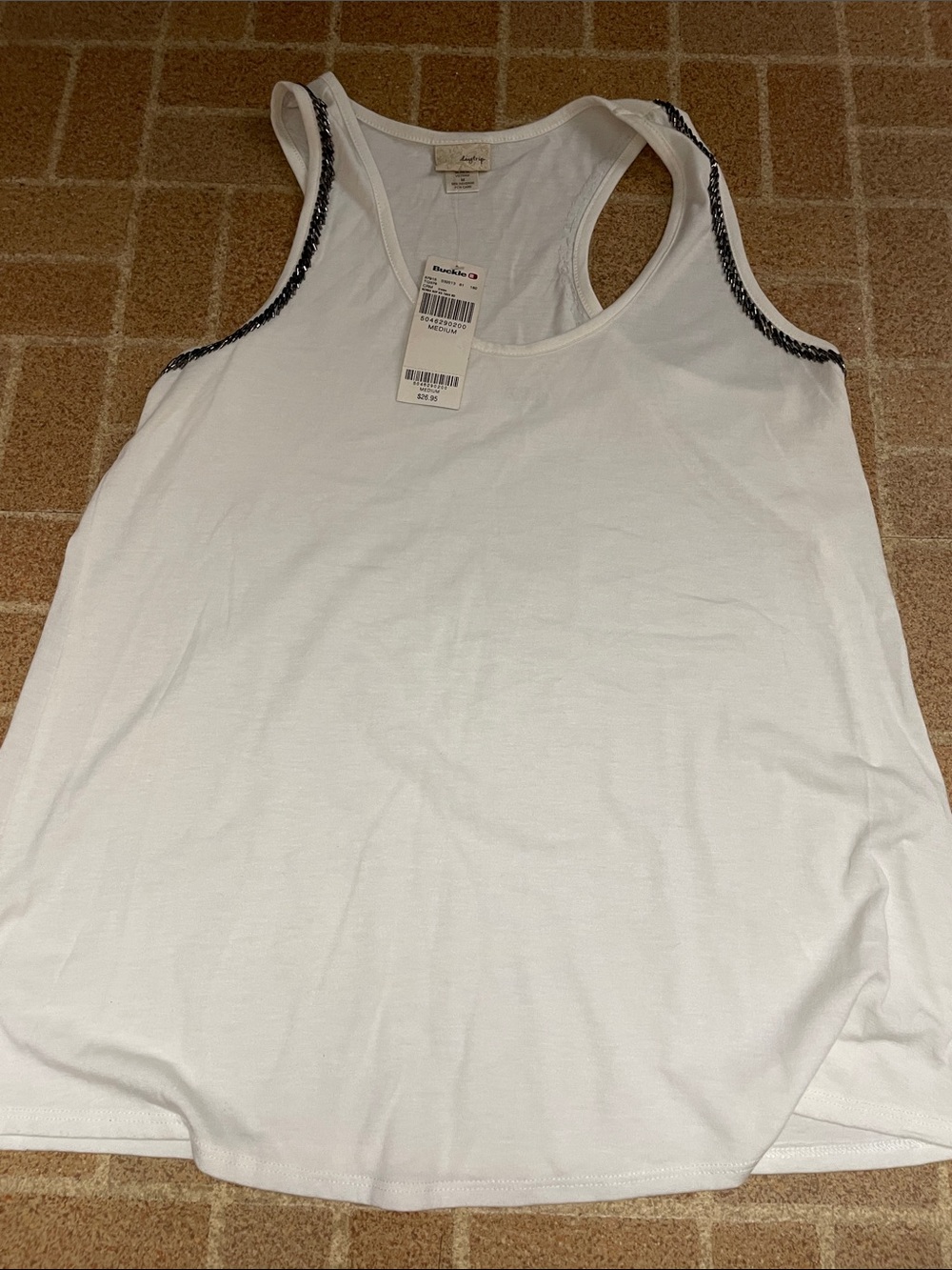 Buckle White Racerback Tank with Black Embellished Trim